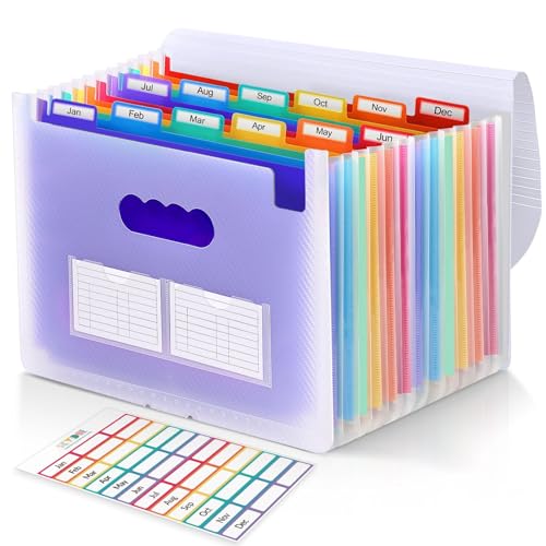 SKYDUE Accordion File Organizer, Expanding File Folder with 12 Pockets, Portable Document Paper Bill Receipt Organizer, Home School Office Supplies, Letter A4 Size Purple - color: Transparent