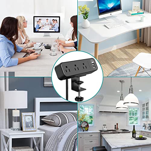 Desk Clamp Power Strip with USB C, 3 Outlet Desktop Mount Power Station Removable Clamp Socket with 6.5 ft Extension Cord, Fit 1.7 inch Tabletop Edge