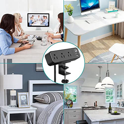 Desk Clamp Power Strip with USB C, 3 Outlet Desktop Mount Power Station Removable Clamp Socket with 6.5 ft Extension Cord, Fit 1.7 inch Tabletop Edge