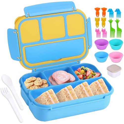 shell and turtle Bento Box for Kids Girls Boys, Bento Box Adult Lunch Box with 4 Compartments, Lunch Containers with Utensils, Sauce Jar, Muffin Liners for School, 40 Oz/5 Cup, Blue - color: Blue