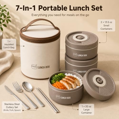 3 Pcs Insulated Lunch Box Set (47oz Total), Stackable Stainless Steel Thermal Food Container with Bag, Portable Bento Box for Hot Food, Leakproof Design with Knife, Fork & Spoon