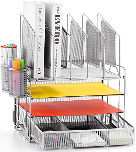 Marbrasse Desk Organizers, 4-Tier Mesh Desk File Organizer with 5 Vertical File Holders and 2 Pen Holders, Multifunction Desktop Organizer,Desk Organizers and Accessories for Home Office (Silver) - color: Silver Vertical File Folder, size: 4-Tier Mesh