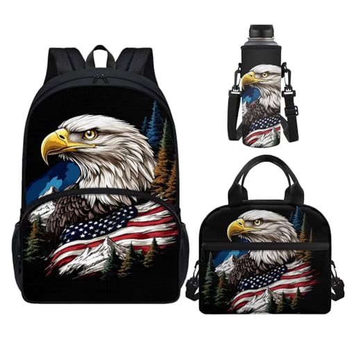 Horeset School Backpack Set for Boys 17inch Eagle American Flag Mountain Bookbags with Picnic Insulated Lunch Box Water Bottle Bag Large Capacity Middle School Bags Rucksack Kids 5-8 8-10 Years - color: Eagle American Flag Mountain