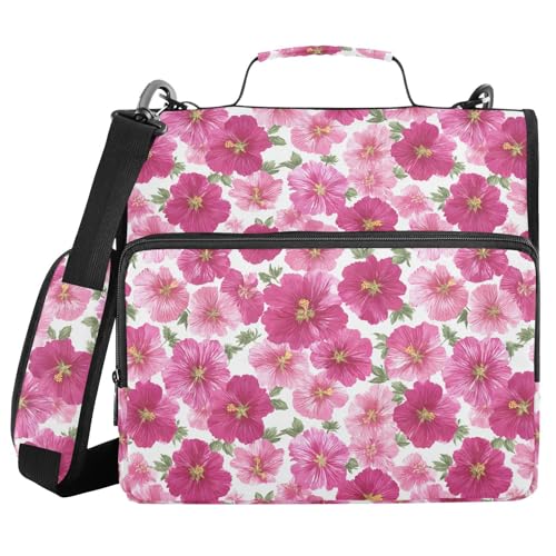 Pink Hibiscus Flowers Leaves Zipper Binder 3 Ring with Shoulder Strap 2 Inch Binder Holds 500 Sheets Multi-Pocket Organizer Zipper Binders Organizer for School Students Office - color: Multicolored.18