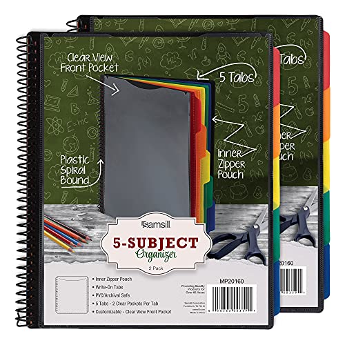 Samsill Spiral Folder Organizer (2-Pack)- 5 Dividers & 10 Pockets with Zipper Pouch, Multi Pocket Color Coordinated Folder with Customizable Tabs, Document Organizer (Basic) - color: Classic, size: 2-Pack, style: 5 Dividers