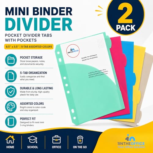 1InTheOffice Mini Binder Divider, Pocket Divider tabs with Pockets, 8.5"x 5.5" 5-Tab Assorted Colors, 2 Pack