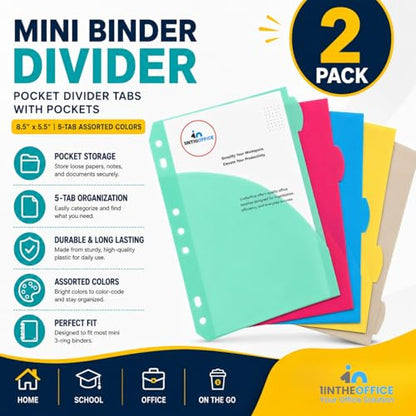 1InTheOffice Mini Binder Divider, Pocket Divider tabs with Pockets, 8.5"x 5.5" 5-Tab Assorted Colors, 2 Pack