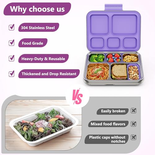 Pawtong Stainless Steel Lunch Box, 5-Compartment Bento Lunch Box for Kids & Adults,Metal Lunch Box with Removable Silicone Container, Lunch Box Containers for School,Office(Purple) - color: Purple