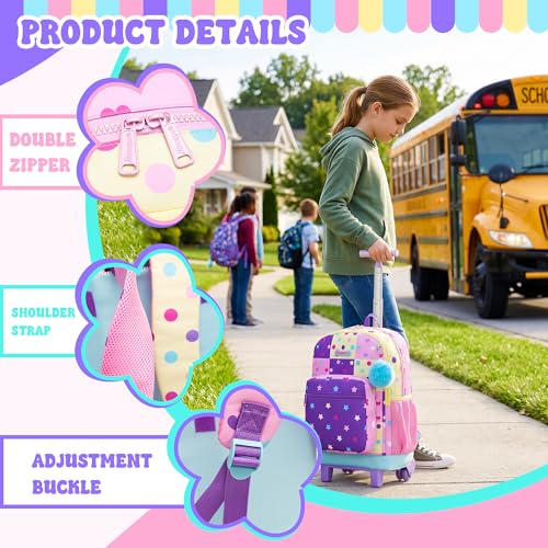 Rolling Backpack for Girls,Backpack with Wheels for Kids 8–12,Lightweight Wheeled School Backpack with Lunch Box,Cute Bookbag for Elementary and Middle School - color: Pink Dot
