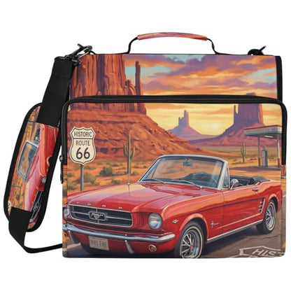 Retro Road 2inch 3 Ring Zipper Binder Multi-Pocket Storage Holds 14 Inch Laptop for Students and Office Use - color: Retro Road