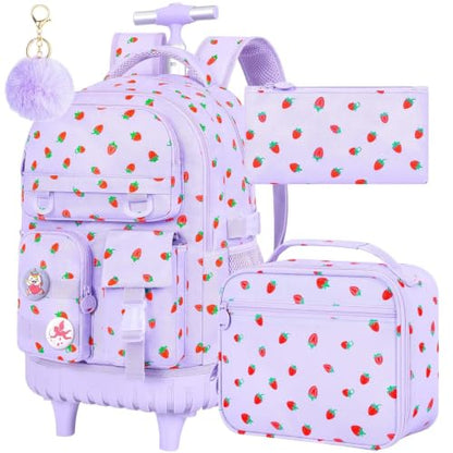 CCJPX 3Pcs Rolling Backpack for Girls, Roller Wheeled School Bookbag, Strawberryra Wheels Backpacks with Lunch Box for Kids (Purple) - color: Strawberry Purple