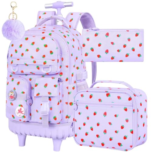 CCJPX 3Pcs Rolling Backpack for Girls, Roller Wheeled School Bookbag, Strawberryra Wheels Backpacks with Lunch Box for Kids (Purple) - color: Strawberry Purple