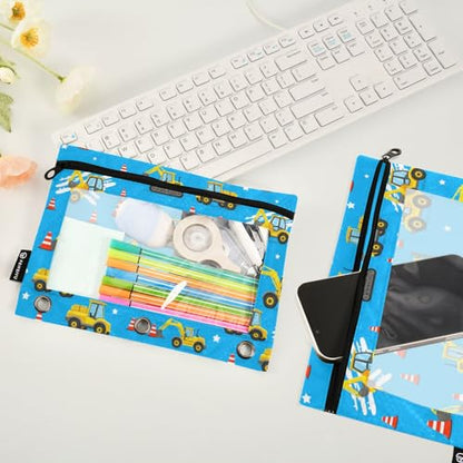 Binder Pouches 3 Ring for Boys Girls Cute Car Excavator Blue Zipper Pencil Pouches Case Bag with Clear Window School College Office Supplies 2 Pack - color: Car
