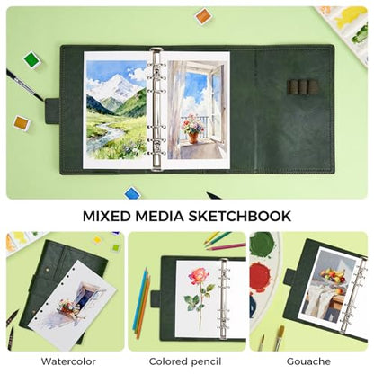 Lightwish Watercolor Sketchbook, 100% Cotton 300gsm Acid Free Hot Press, 6.69" x 3.94", 20 Sheets, Binder Bound & Refillable Paper for Artists,Adults,Students, Travel Art Journal - color: Green