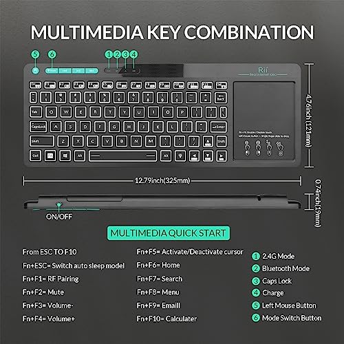 (Dual Mode) Rii RT518S Wireless and Bluetooth 2-LED Color Backlit Multimedia Keyboard with Multi-Touch Big Size Trackpad,Rechargable Keyboard for Android TV Box,PC,Tablets,Smart TV, HTPC, IPTV,Windows - style: 2.4G+Bluetooth(New Version)