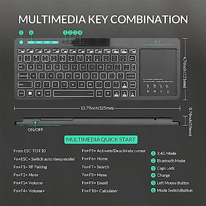 (Dual Mode) Rii RT518S Wireless and Bluetooth 2-LED Color Backlit Multimedia Keyboard with Multi-Touch Big Size Trackpad,Rechargable Keyboard for Android TV Box,PC,Tablets,Smart TV, HTPC, IPTV,Windows - style: 2.4G+Bluetooth(New Version)
