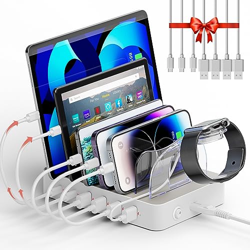 Unitek Multi USB Charging Station - 6 Port USB C Charging Dock with 2 PD 20W, Multiple Devices Charging Station Organizer for iPad, iPhone, iWatch, Samsung, Tablets and More - color: White PD20W*2+USB A*4