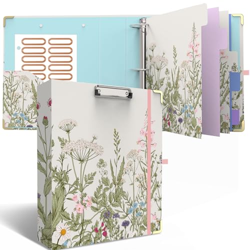 3 Ring Binder 2 Inch, Cute Round Ring Binders with 6 Tab Dividers, Labels Stickers, Low Profile Clipboard with Storage, Fashion Binder School Office Supplies(Garden Flowers) - color: Garden Flowers