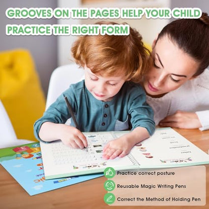 Large Handwriting Magic Grooved Practice Copybook Set: 5-Pack with Wooden Alphabet Tracing Board, Reusable Letter Learning Kit for Kid Age 3-8, Ideal for Kindergarten and Preschool Calligraphy Control - style: 5pc+2pen-Pro
