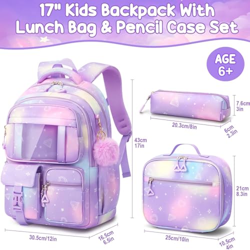 Fimibuke Kids Backpack for School Girls, 3Pcs Waterproof Girls Backpack with Lunch Box & Pencil Pouch - Lightweight Bookbag for Elementary Middle School Student Teens Ages 6+ Purple - color: A2.Diamond Purple