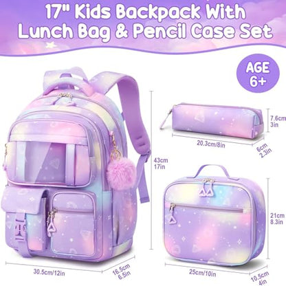 Fimibuke Kids Backpack for School Girls, 3Pcs Waterproof Girls Backpack with Lunch Box & Pencil Pouch - Lightweight Bookbag for Elementary Middle School Student Teens Ages 6+ Purple - color: A2.Diamond Purple