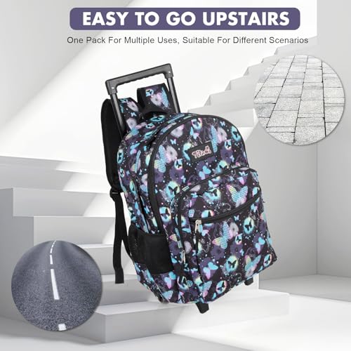 Tilami Rolling Backpack for Kids 18 Inch Double Handle Wheeled Bookbag for Boys & Girls for School & Travel,Butterfly - color: Butterfly