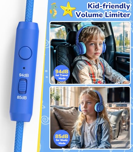Bywulanda USB-C Kids Headphones with Mic, Safe Volume Limiter 85/94dB, Adjustable Headband, Foldable Wired Headphones for Boys & Girls, Over Ear Headphones for School/Chromebook/Tablet/Laptop/Travel - color: Navy Blue