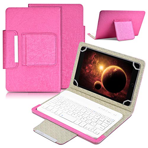 DETUOSI Universal 8.0 inch Android Tablet Case with Keyboard, Removable Wireless Bluetooth Keyboard + PU Leather Folio Book Cover + Stand, Travel Portable Sleeve for iOS/Android/Windows System Tablet - color: Hot Pink Case + White Keyboard
