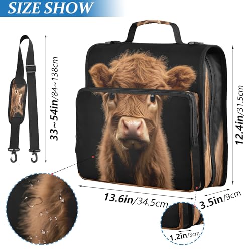 3 Ring Zipper Binder Cure Highland Cow Binder Organizer Portfolio with File and Shoulder Strap & Handle Large Capacity File Folder - color: Highland Cow
