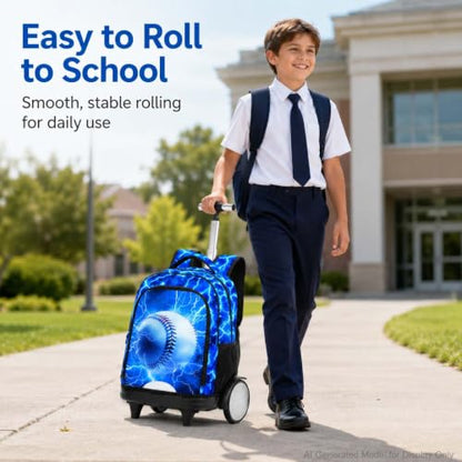 UFNDC Big Wheel Boys Rolling Backpack, Water-Resistant Wheeled School Bag with Lunch Box & Pencil Case, 3-Pack Kids Roller Bookbag Travel Set - Lightning Baseball - color: Rolling Backpack Lightning Baseball Blue