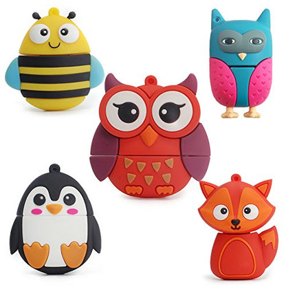 Flash Drive 5x16GB Thumb Drive Animals USB Flash Drive with Chain Bee Fox Owls Penguin Pen Drive Gift for School Kids and Students Valentine's Day Gift (Pack of 5 Animals) - color: 5xAnimals, size: 16GB