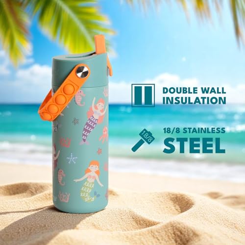 Elemental Insulated Kids Water Bottle, Stainless Steel Water Bottle with Straw Lid & Pop-It Handle, Leak-Proof Water Bottles for School, Boys or Girls, Travelling and Sports, 18oz - Mermaid Sisters - color: Mermaid Sisters
