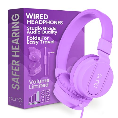 Puro Sound Labs Kids Wired Headphones – Volume-Limiting & Adjustable, Safe & Comfortable Headphones for Kids – Compatible with PCs, Smartphones & Tablets, Ideal for School & Travel – PuroBasic, Purple - color: Purple
