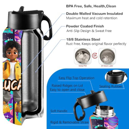 D-Story Personalized Kids Water Bottle with Straw Lid - 18 oz Leak-Proof Stainless Steel Insulated Flask, Back to School Birthday Gifts for Boys - color: Boy's Style