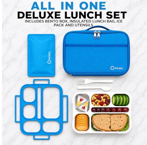 kinsho Lunch Boxes for Kids Boys Teens - Bento Box Set with Insulated Bag and Ice Pack, 6 Compartment Leak Proof Food Container, BPA-Free, Microwave Safe, Ideal for School & Work, Blue - color: Blue