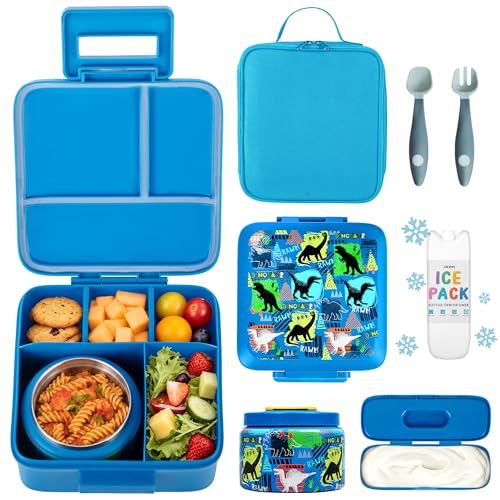 JXXM Bento Lunch Box for Kids With 8oz Soup thermo,Leak-proof Lunch Containers with 5 Compartment,thermo Food Jar and Lunch Bag, Food Containers for School (A-Blue(Dinosaur)) - color: A-Blue(Dinosaur)