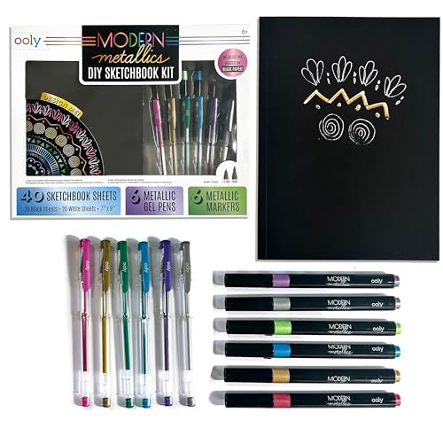 Ooly 13 PC Metallic Drawing Kit Includes 6 Metallic Markers, 6 Metallic Gel Pens and 40 Sheets of Black & White Paper, 20 for Each Color - color: Metallic Coloring Kit