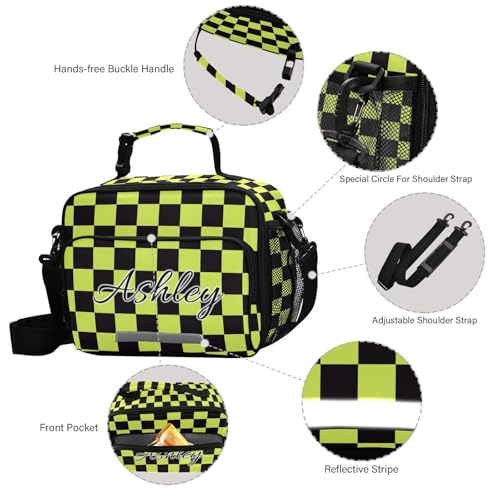 Custom Student Lunch Bag for Boys Girls Yellow Black Checkered Personalized Lunch Box With Name Insulated Cooler Bag for School Picnic Travel - color: Multi02