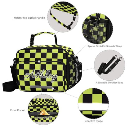 Custom Student Lunch Bag for Boys Girls Yellow Black Checkered Personalized Lunch Box With Name Insulated Cooler Bag for School Picnic Travel - color: Multi02