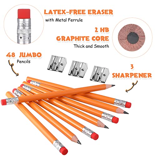 Fainne 48 Pcs Fat Pencils Jumbo Big Thick Large Pencils and 3 Pieces Sharpeners for Kids Beginners Preschoolers Kindergarten School Office Supplies(Orange+Silver,Round) - color: Orange+Silver, style: Round