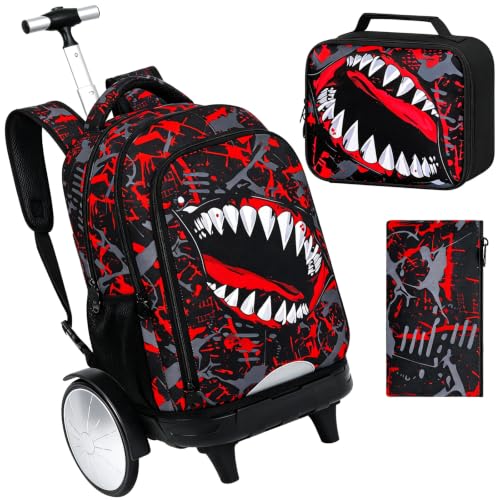 3Pcs Large Rolling Backpack for Boys, 20 Inch Detachable Light Up Wheeled Bookbag with Lunch Box, Durable Graffiti Shark Roller Backpack for Elementary Middle School (Red) - color: Large Wheels Mouth Red