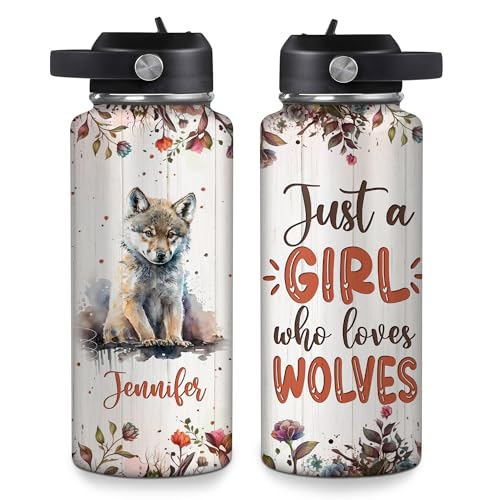 Hyturtle Personalized Wolf Water Bottle - Travel Insulated Stainless Steel Bottle with Leak-Proof Lid 18oz 32oz - Animal Lover Gift with Floral Wolf Design for Women Girls Wolves Lovers, Birthday Gift - color: Wolf