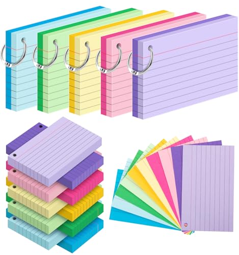 250 Count Colored Index Cards for Studying, 3x5 Inch Ruled Flash Cards 10 Color with Key Ring, 5 Packs of 50 Sheets Heavy Lined Study Note Cards with Waterproof Cover for School&Office Supplies - color: 10 Multicolor-Ruled