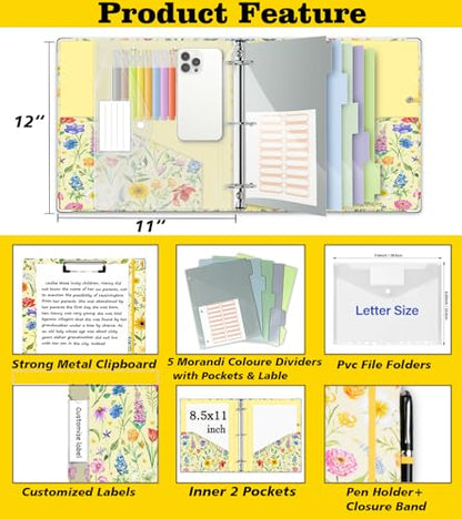 3 Ring Binder 2 Inch, Three Ring Binders Organizer with Clipboard, 5-Tabs Pockets Dividers, Plastic Folder, 18 Divider Stikers, KLLVE Cute Binder with Pen Loop (Garden Party, Letter Size) - color: Garden Party, size: 2in（Letter Size）