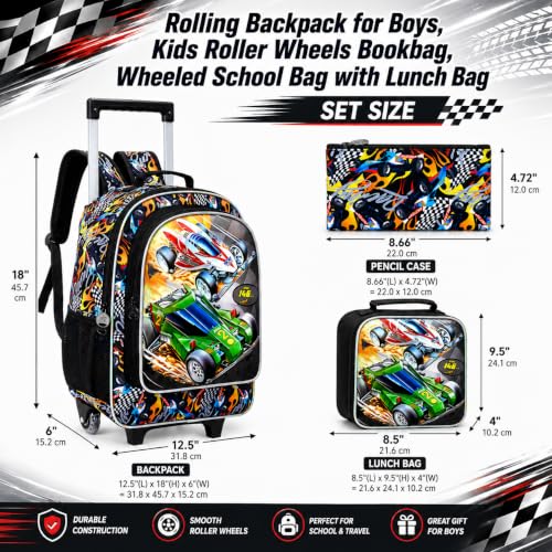 CCJPX 3Pcs Racing Car Rolling Backpack for Boys, 18" Kids Wheeled Bookbag with Lunch Box, Lightweight Roller School Bag for Elementary Preschool(Black) - color: Red Green Race Car