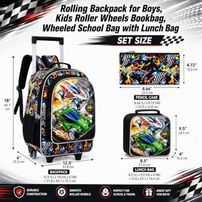CCJPX 3Pcs Racing Car Rolling Backpack for Boys, 18" Kids Wheeled Bookbag with Lunch Box, Lightweight Roller School Bag for Elementary Preschool(Black) - color: Red Green Race Car