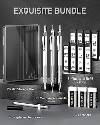 Four Candies 0.9mm Mechanical Pencil Set with Case, 3PCS Metal Artist Lead Pencil with 8 Tubes (480PCS) HB Lead Refills, 3 Erasers, 9 Eraser Refills For Engineer Art Writing Drafting, Silver - color: Silver, style: 0.9 MM