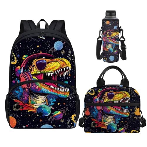 Horeset Dinosaur Galaxy Planet Backpack for Kids Boys 5-6 -6-8 8-10 10-12 Years School Bookbag Set with Water Bottle Cover Picnic Lunch Bag Lightweight Primary Middle School Bags Rucksack - color: Dinosaur Galaxy Planet