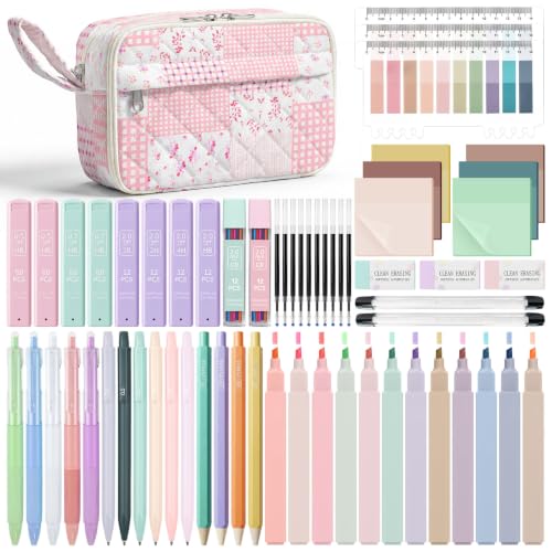 WOBAGMEN 62PCS Aesthetic School Supplies with Quilted Pencil Case, Pastel Highlighters, Gel Pens Mechanical Pencils Set, Cute Back to School Supplies, College Essentials (Pink Patchwork, M) - color: Pink Patchwork