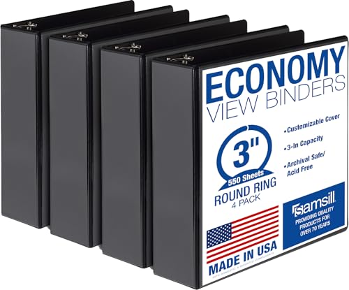 Samsill 3 Inch 3 Ring Binders, Economy Round Ring, Clear View Cover, 550 Sheet Capacity - for School, Home, Office - Black, 4 Pack - size: 4-Pack, style: 3 Inch